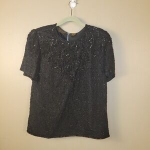 Vintage Mark & John Gani Black Silk Beaded Sequin Top Blouse Made in India M